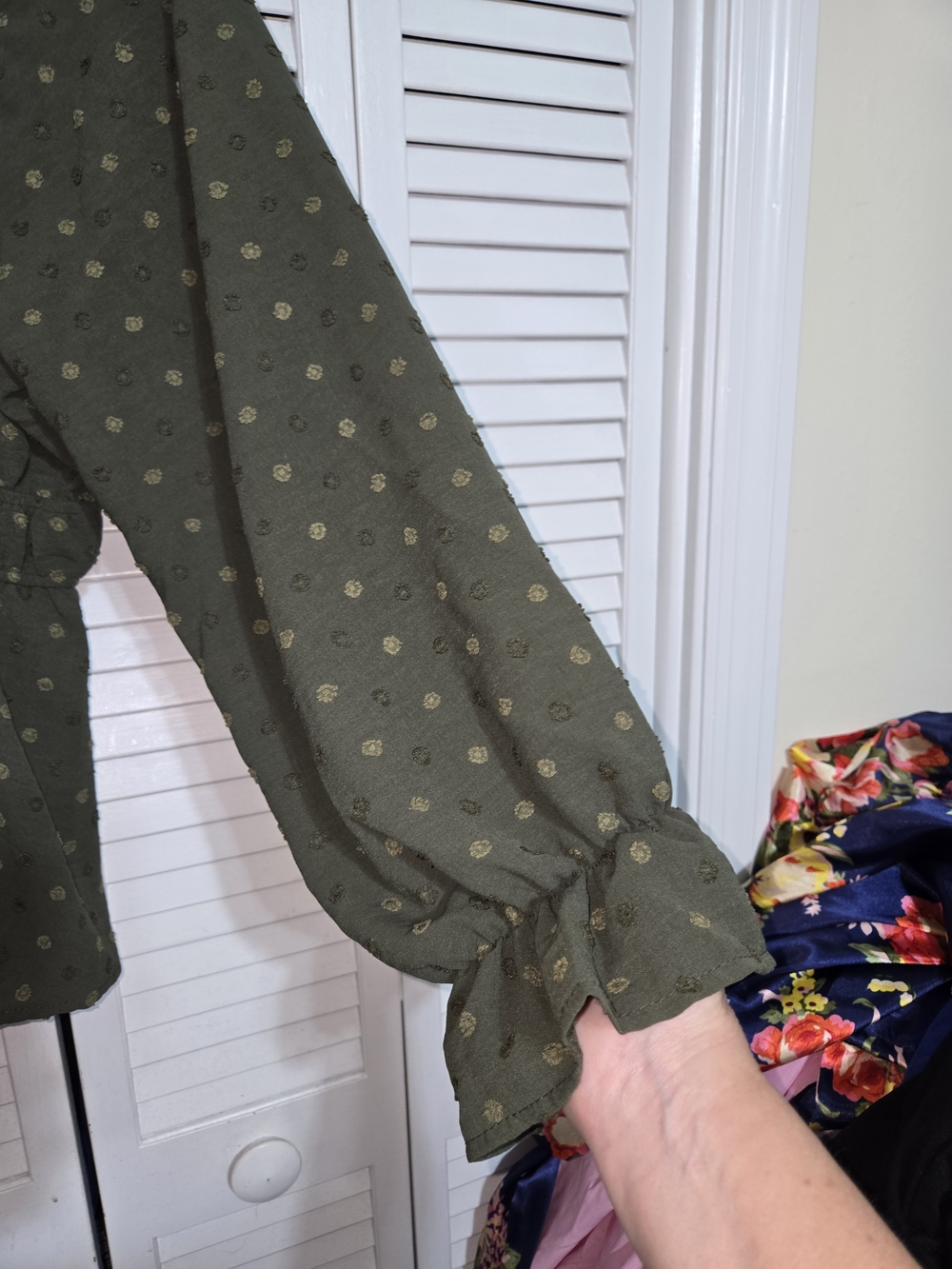 Women's Olive Green Peasant Blouse with Dotted Texture Boho - Picture 2 of 10